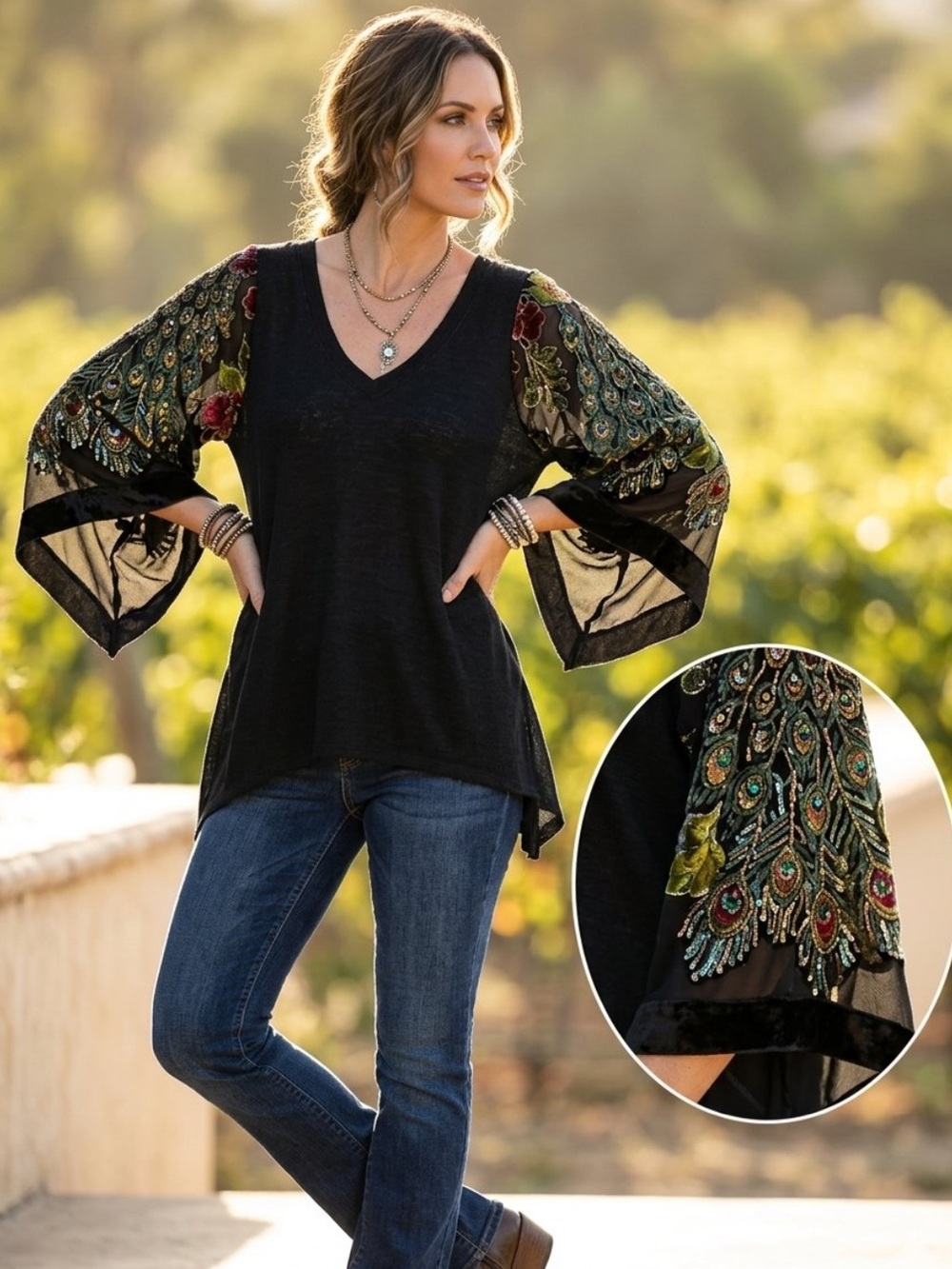 NWT Boho Jane Knit Tunic Top Beaded Peacock Velvet Burnout Trim-small